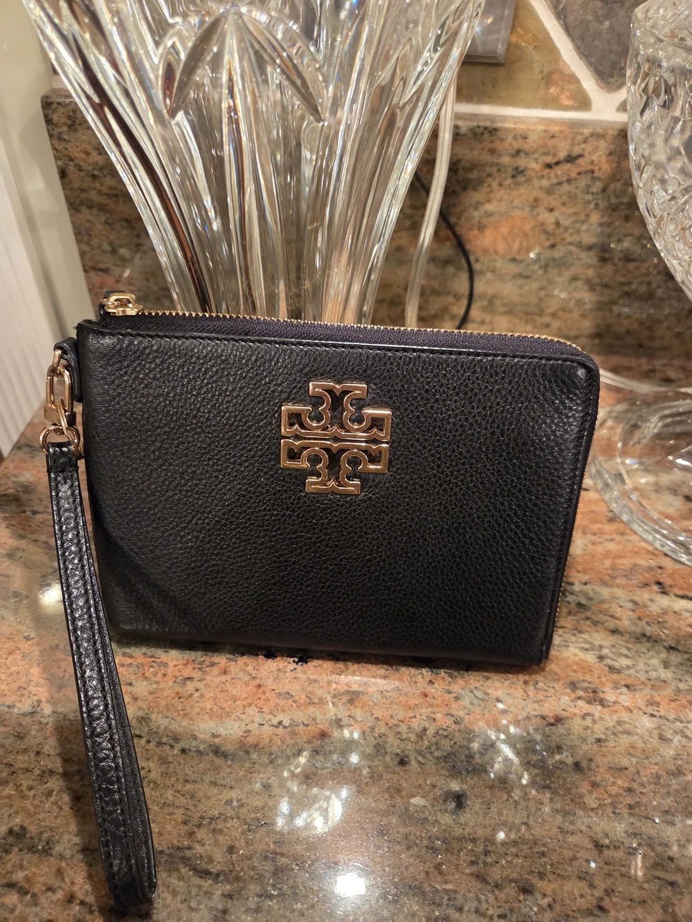 Tory Burch Black Leather Wristlet with Gold Logo